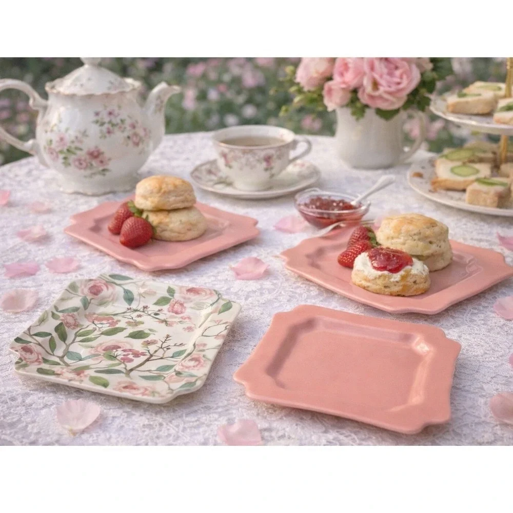 Sweet Laurel Dessert Plates 4 Square Scalloped Pink‎ & Floral Ceramic 6.5